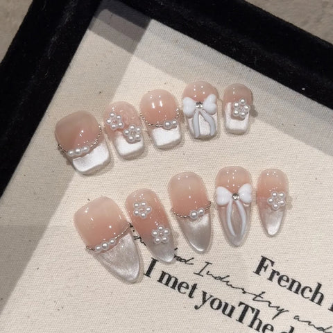 10 uñas postizas hechas a mano, color nude, rosa ruborizado, brillantes, estilo ojo de gato, con diseños de lazo, uñas postizas francesas, reutilizables. 