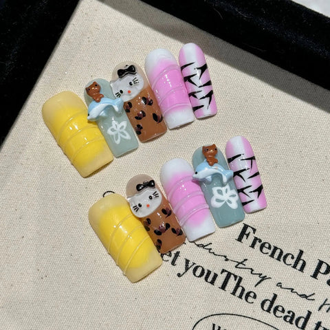 10 Stück rosa französische künstliche Nagelflicken, handgefertigt, lange Mandelform, zum Aufdrücken der Nägel, Leopardenmuster, Metallketten-Designs, falsche Nagelspitzen, Kunst 