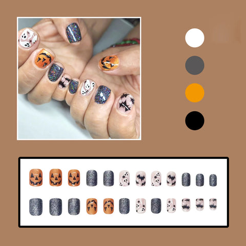 24 uñas postizas con lentejuelas brillantes para fiesta de Halloween, cortas, cuadradas, con estampado de fantasma, calabaza y murciélago, cobertura total. 