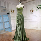 Vestido de fiesta de satén verde salvia de lujo con abertura LA73032