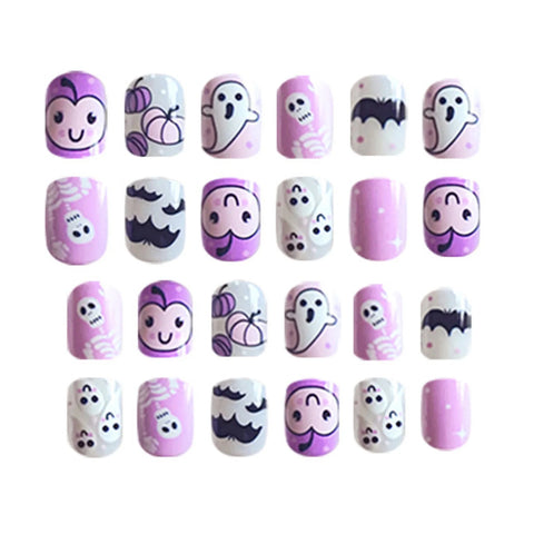 24 uñas postizas coreanas bonitas, brillantes, moradas, cortas, redondas, con diseño de calavera fantasma blanca y murciélago negro. 