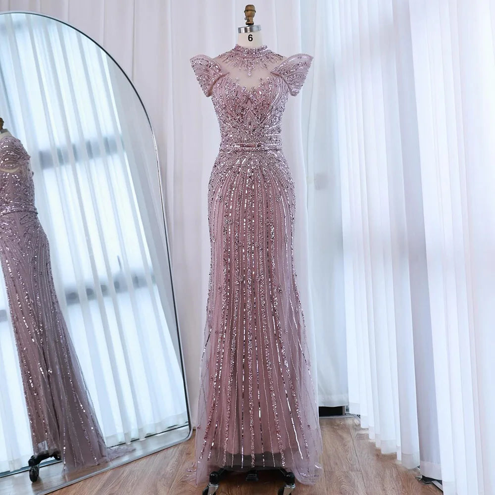 Vestido de noche de lujo color caramelo con cuentas y corte sirena LA73082 