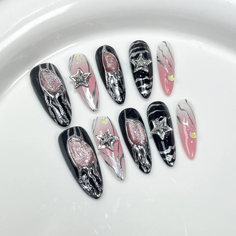10 uñas postizas largas de ballet, estilo barroco, hechas a mano, con degradado rosa y plateado, estilo almendrado. 