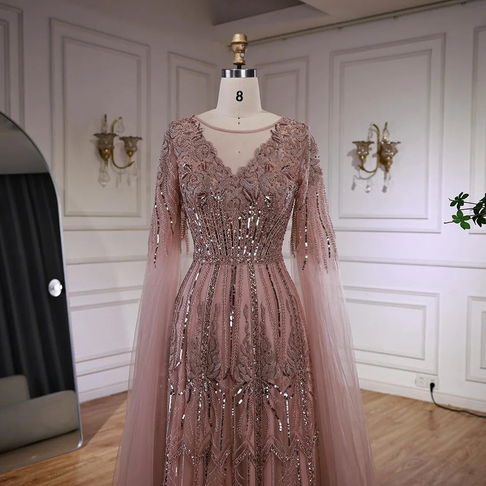 Elegante vestido de noche de corte A con cuentas y mangas estilo capa LA73056