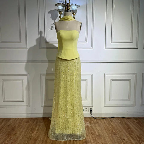 Luxury Yellow Chiffon Mermaid Evening Dress with Cape LA73007