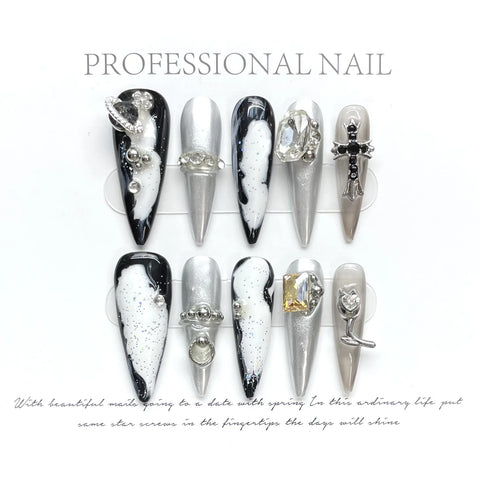 10 Stück Y2k Lange Stiletto Falsche Nagelspitzen Farbverlauf Schwarz Metall Herz Kreuz Dekor Handgemacht Aufdrücken Nägel Süße Coole DIY Maniküre 
