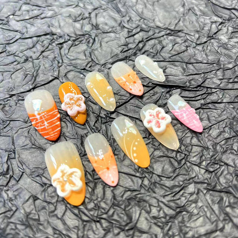 10 Stück handgefertigte künstliche Nägel im französischen Stil, bemalte Mandeln, 3D-Blumen-Dekor, drücken Sie auf die Nägel, orange, tragbar, künstliche Nägel, Sommermaniküre 