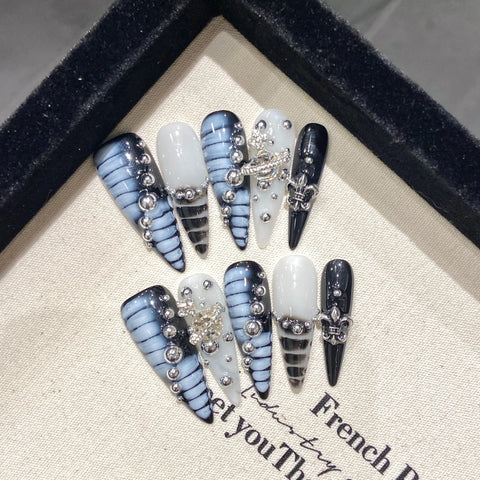 10pcs Handmade French Tips Fake Nails Flash Diamond Heart Pearl Tulip Flower Designs Press On Nails Luxury False Nails For Women