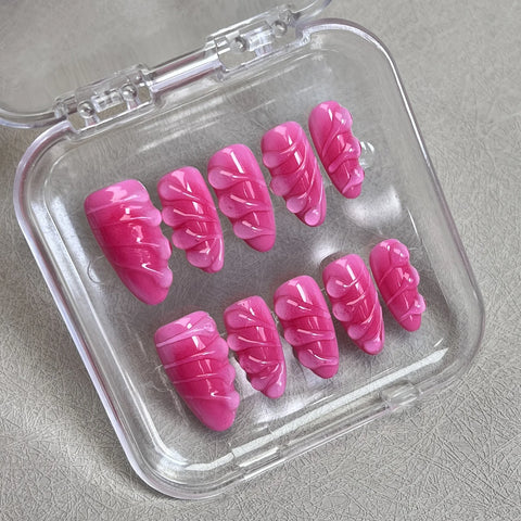 10 Stück handgefertigte Press-On-Nägel, Rose Pink, 3D-Wassertropfen-Designs, künstliche Nagelflicken, glänzende Mandel, wiederverwendbare künstliche Nägel, Salonkunst 