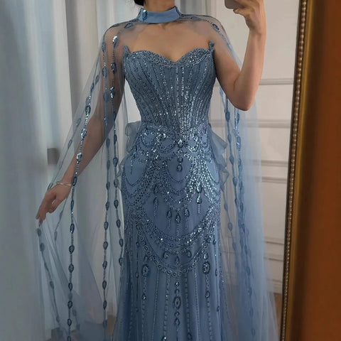 Luxury Blue Sequin Beaded Evening Dress with Cape Sleeves LA73108