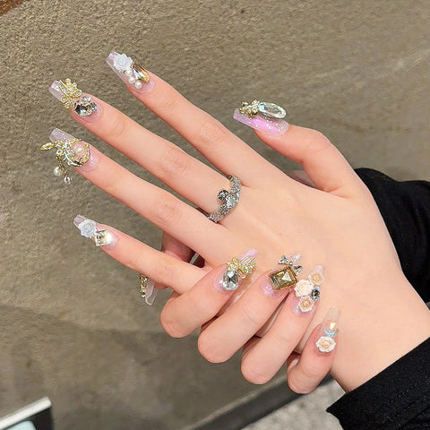 10pcs Medium Length Fake Nail Patch Y2k Style Handmade Press On Nail With Matal Butterfly Chain Decor Glossy Diamond False Nail