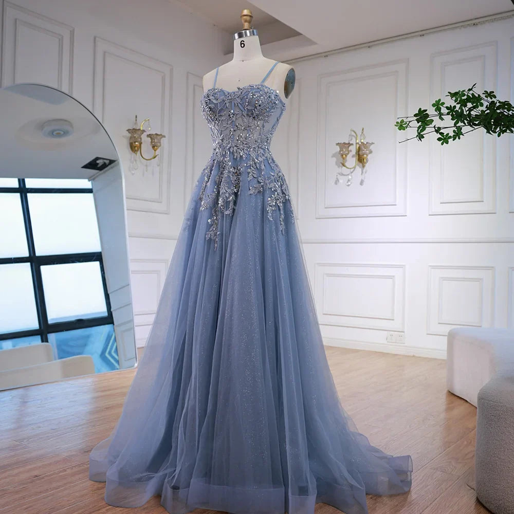 Luxuriöses graues Tüll-Abendkleid in A-Linie mit floralen Applikationen LA73015