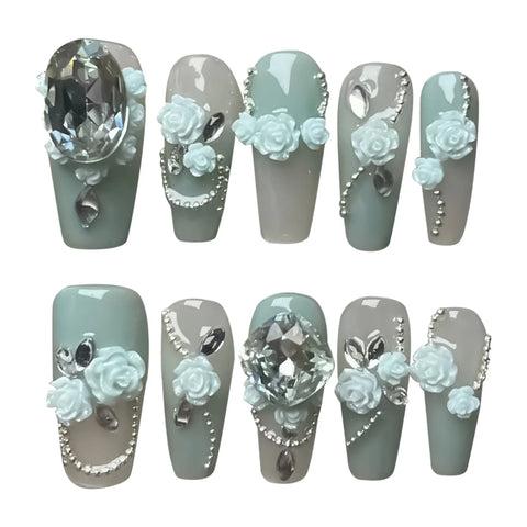 10 piezas de uñas postizas con diseño de flores 3D, hechas a mano, con degradado, de longitud media, cuadradas, fáciles de usar. 