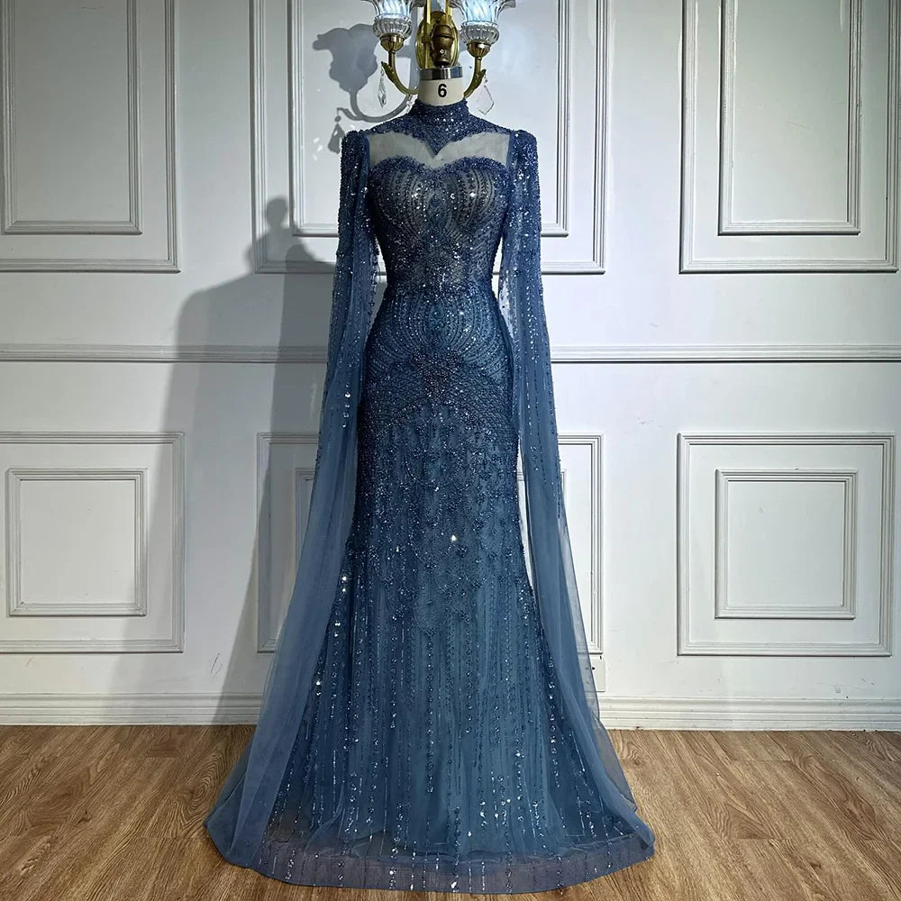 Luxuriöses, schlichtes blaues Meerjungfrauen-Abendkleid mit Cape LA73006