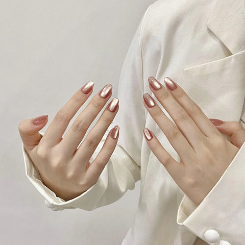 10pcs Handmade Press On Nails Glossy Nude Color Flash Cat's Eye False Nail Tips Full Cover Ballerina Wearable Fake Nail Patches