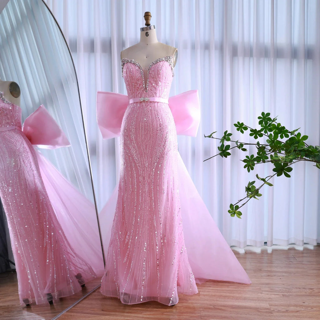 Luxuriöses Dubai-Abendkleid in Rosa mit Schleife LA73061A