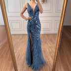 Luxury Blue Beaded Feather Mermaid Evening Dress