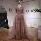 Elegante vestido de noche de corte A con cuentas y mangas estilo capa LA73056