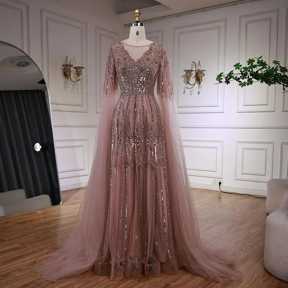Elegante vestido de noche de corte A con cuentas y mangas estilo capa LA73056