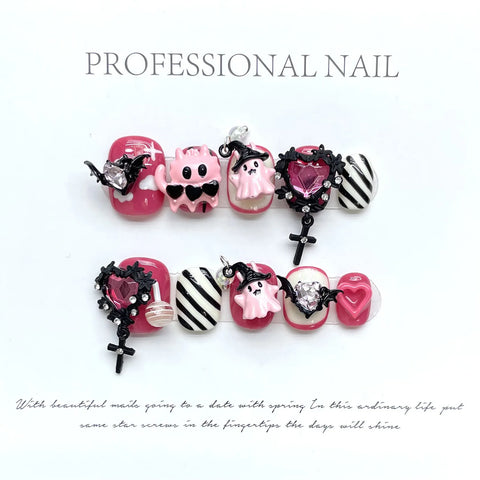 10 Stück Halloween-Thema Falsche Nagelspitzen 3D Teufel Liebe Herz Designs Aufdrücken Nägel Rosa Rosa Kurze Runde Handgemachte Gefälschte Nägel Kunst 