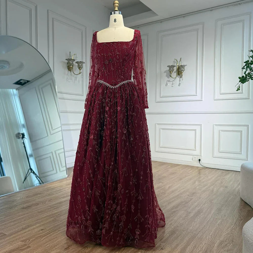 Luxuriöses, salbeigrünes, perlenbesetztes Abendkleid mit langen Ärmeln LA72805B 