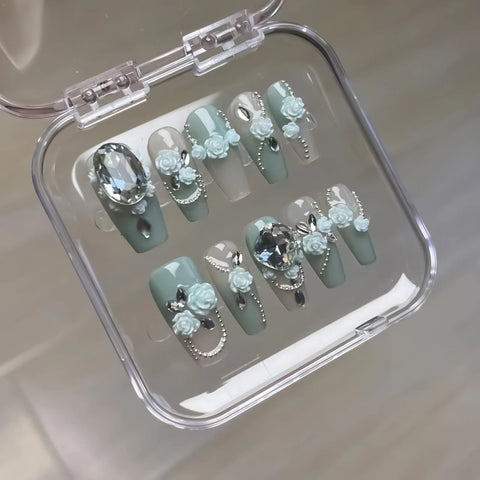 10 piezas de uñas postizas con diseño de flores 3D, hechas a mano, con degradado, de longitud media, cuadradas, fáciles de usar. 