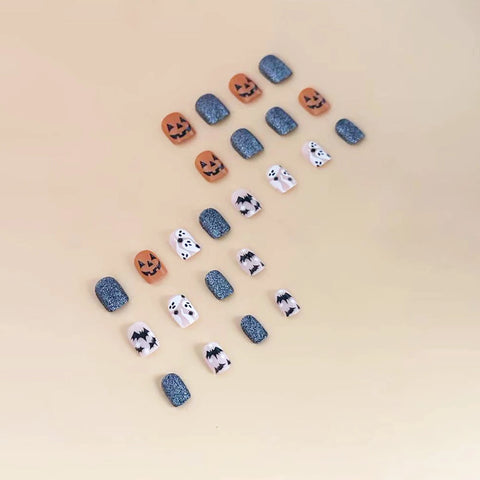 24 uñas postizas con lentejuelas brillantes para fiesta de Halloween, cortas, cuadradas, con estampado de fantasma, calabaza y murciélago, cobertura total. 