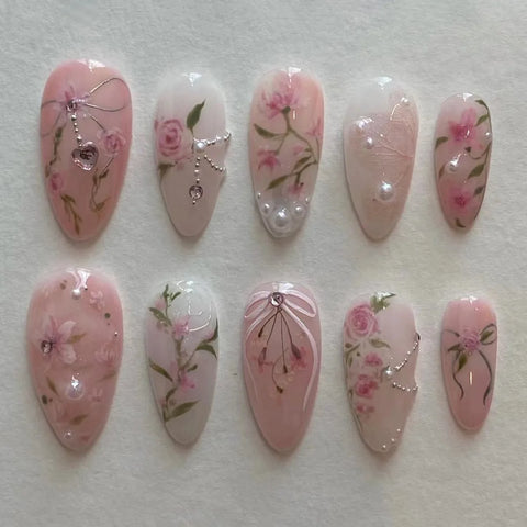 24 uñas postizas de almendra moradas claras con lazos pequeños y decoración de perlas, uñas postizas desmontables para primavera y verano. 