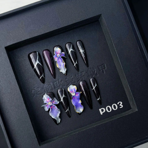 10 uñas postizas hechas a mano, bonitas y geniales, estilo Y2k, largas, de aguja, azules, con flores talladas en 3D, estilo hawaiano, para verano. 