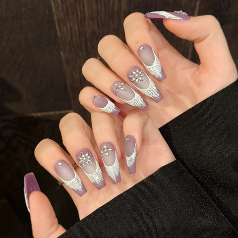 10pcs Handmade Press On Nails Purple Frosted Snown Shape Diamond Decor False Nails Miedium T French Style Fake Nail Patches