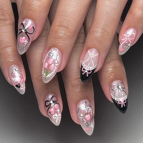 24 uñas postizas con diseño de tulipán en color negro, francés, rubor, almendra y lazos, con bonitos diseños de conejos Y2K. 
