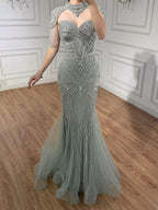 Luxuriöses, nudefarbenes, perlenbesetztes Meerjungfrauen-Abendkleid mit hohem Kragen, LA72897 