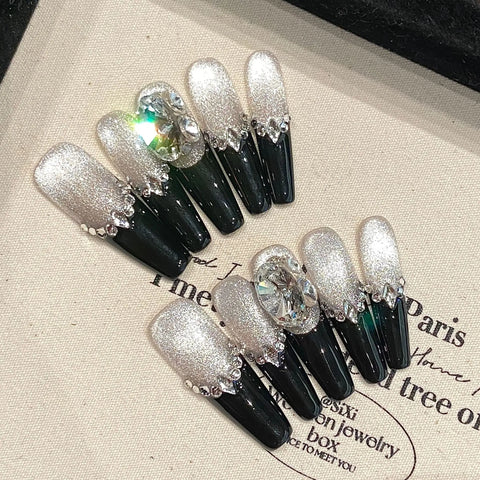 10 Stück schwarze Press-On-Nägel im französischen Stil, handgefertigt, voller Flash-Strass-Dekor, leichte, luxuriöse künstliche Nägel für heiße Mädchen 
