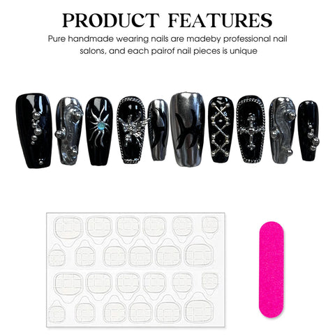 10 uñas postizas hechas a mano estilo punk Y2k con cadena de metal plateada y negra, uñas postizas de prensa, uñas de ataúd medianas, manicura desmontable. 
