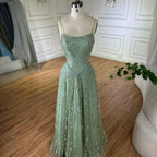 Vestido de noche de lujo verde salvia con cuentas, corte A y tirantes finos LA72805 