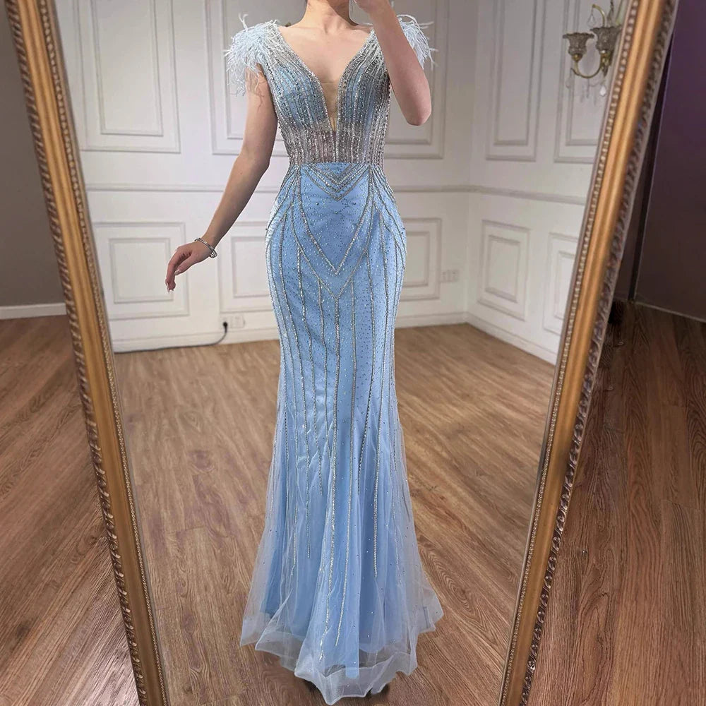 Luxuriöses Dubai-Abendkleid im Meerjungfrauenstil mit Perlen und Federn in Blau, LA72578 