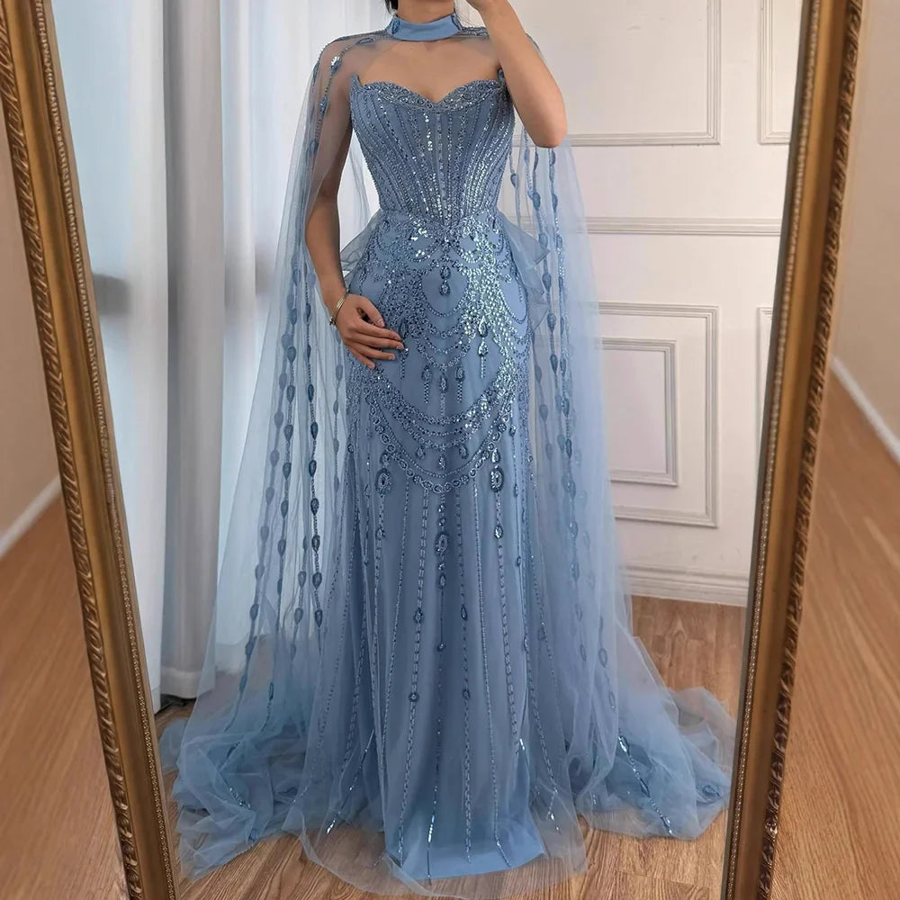 Luxuriöses blaues Pailletten-Abendkleid mit Cape-Ärmeln LA73108