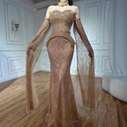 Luxury Gray Beaded Off-Shoulder Evening Dress with Cape Sleeves LA73076