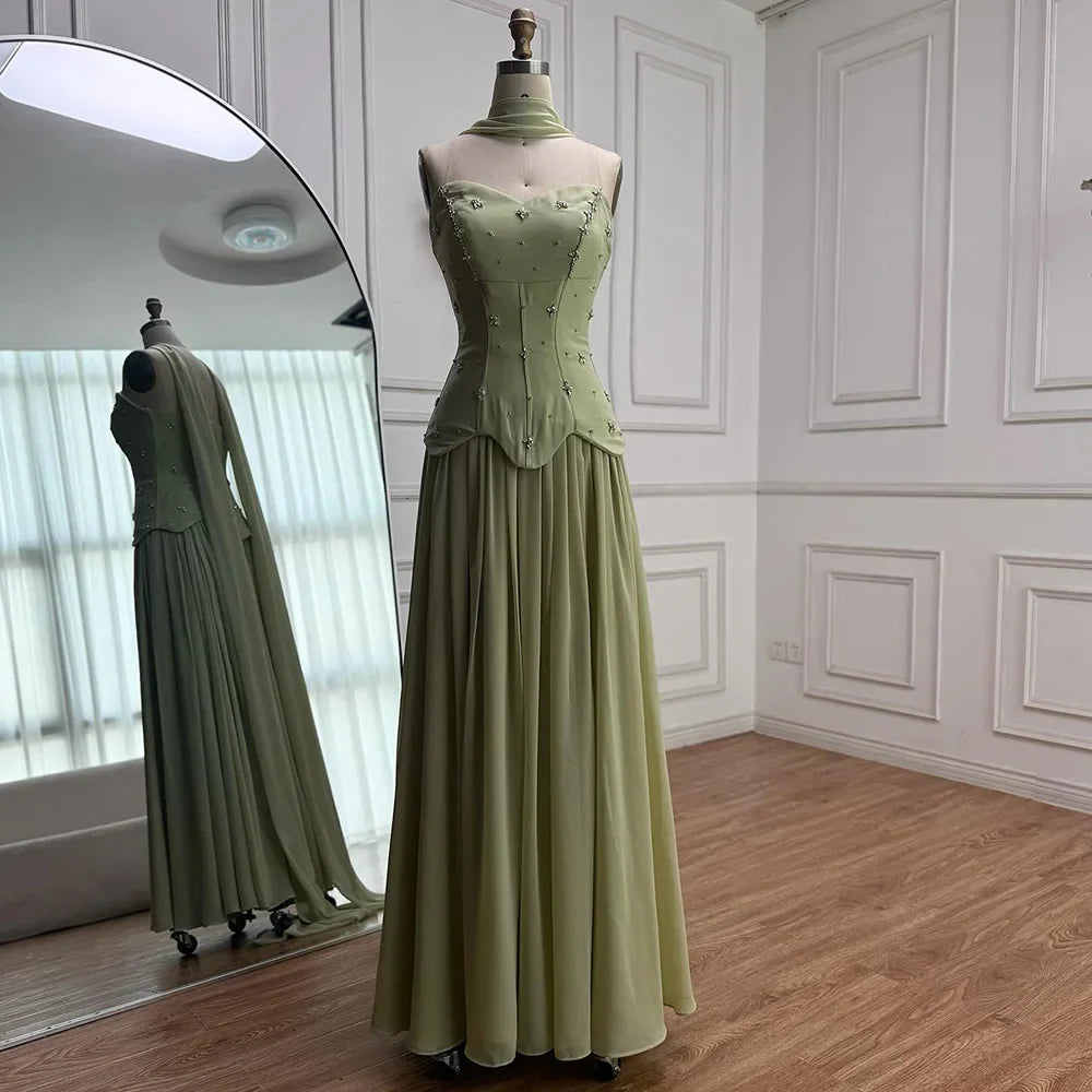 Elegantes salbeigrünes A-Linien-Abendkleid aus Chiffon LA73073 