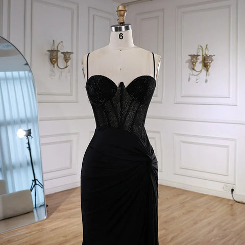 Black Beaded Classy Prom Dress with Spaghetti Straps LA73039