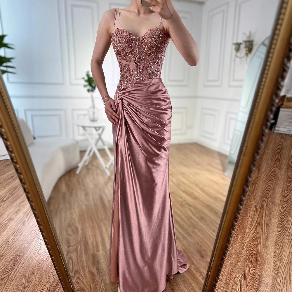 Luxuriöses salbeigrünes Satin-Abendkleid mit Schlitz LA73032