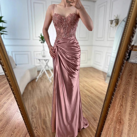 Luxury Sage Green Satin Prom Dress with Slit LA73032