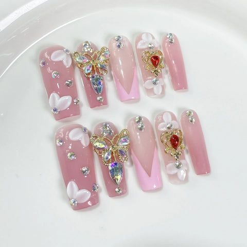 10pcs Glossy Coffin Handmade Press On Nails Gradient Brown White Flower Flash Butterfly Diamond False Nail Luxury Fake Nails