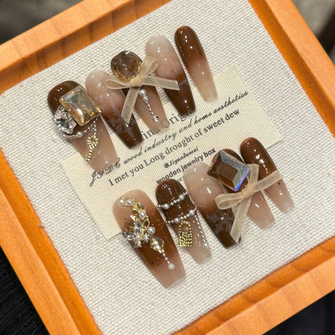10 Stück Farbverlauf Braun Herbst Press On Nails Glänzende Strass Schleifenkette Handgemachte Falsche Nägel Mittellange Ballett Maniküre Kunst 
