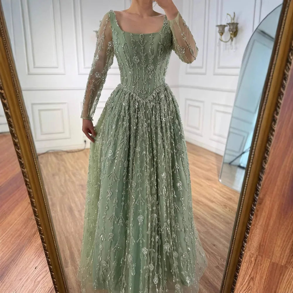 Luxuriöses, salbeigrünes, perlenbesetztes Abendkleid mit langen Ärmeln LA72805B 
