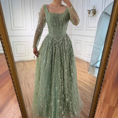 Luxury Sage Green Beaded Evening Dress with Long Sleeves LA72805B