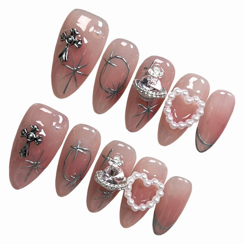 10 Stück Blush Pink Fake Nail Patches Handgemachte Perle Liebe Herz Press On Nails Planet Cross Designs Abnehmbare Mandel 