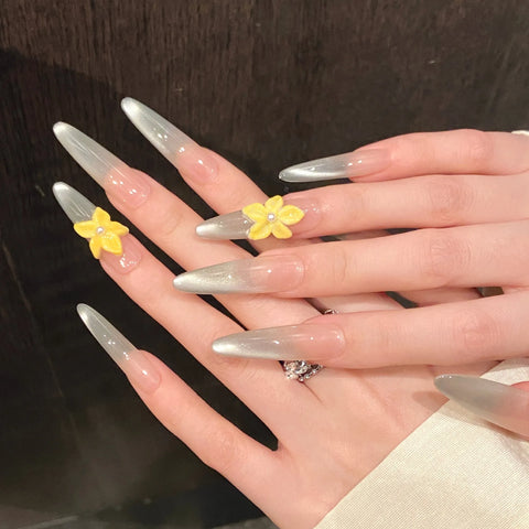 10 uñas postizas de plumeria amarilla hechas a mano, estilo francés, color verde menta degradado, largas, estilo bailarina, ideales para usar en verano. 