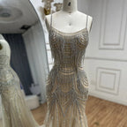 Luxuriöses, nudefarbenes, rosafarbenes Meerjungfrauen-Abendkleid mit Kristallquasten LA72772
