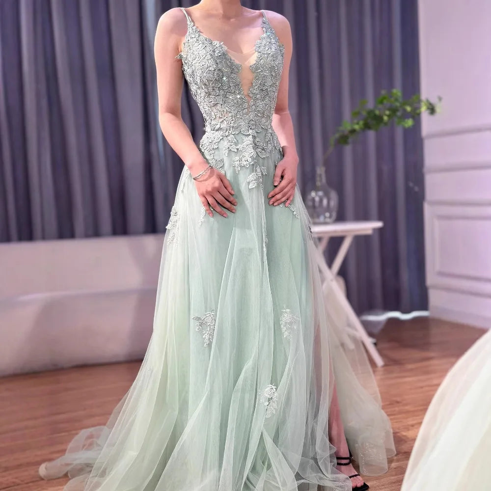 Vestido de fiesta de lujo de encaje verde salvia con tirantes finos, corte A, LA73005